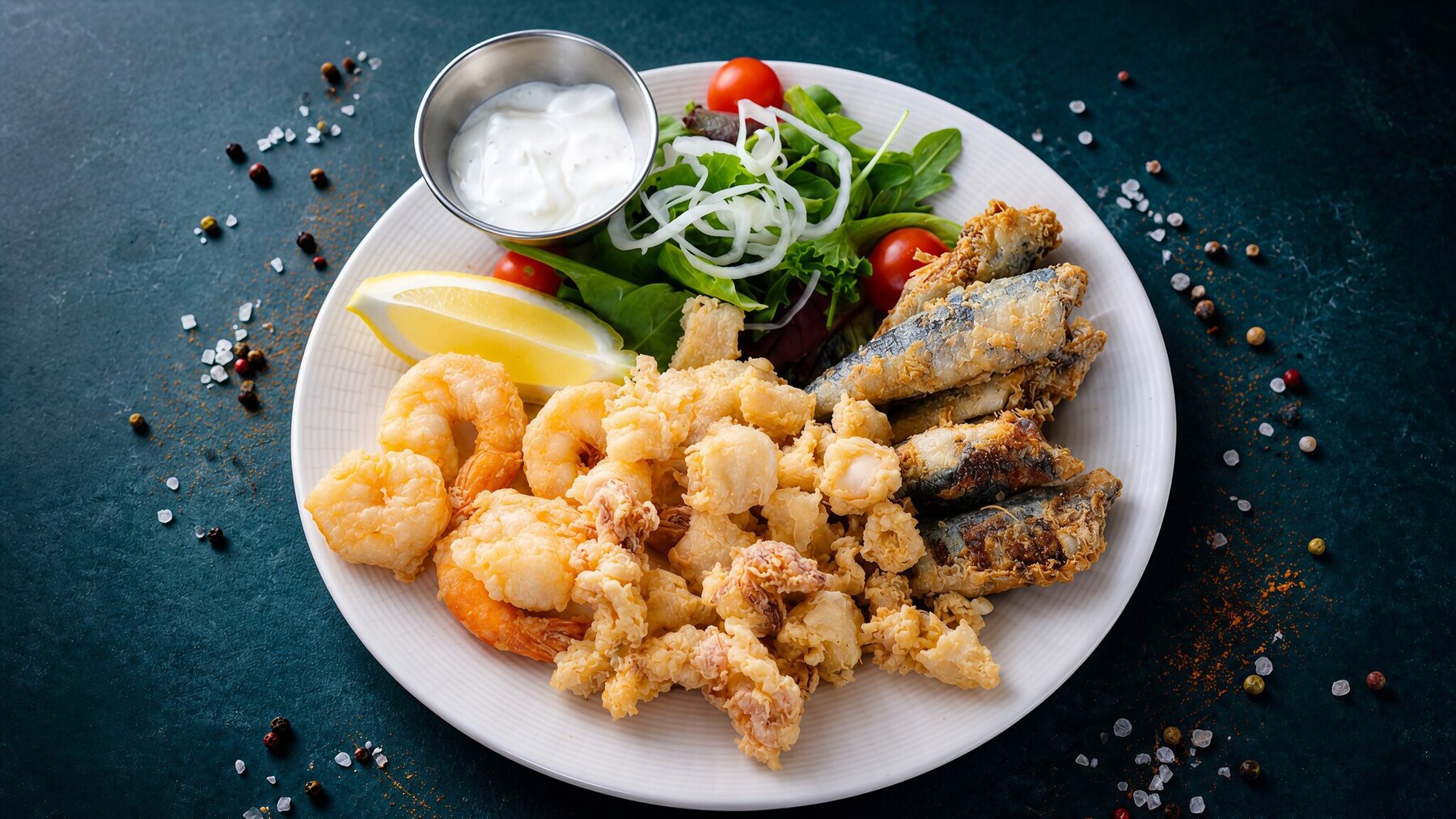 Fried seafood platter with calamari and prawns at Calle Bistro Seafood, Sliema Malta