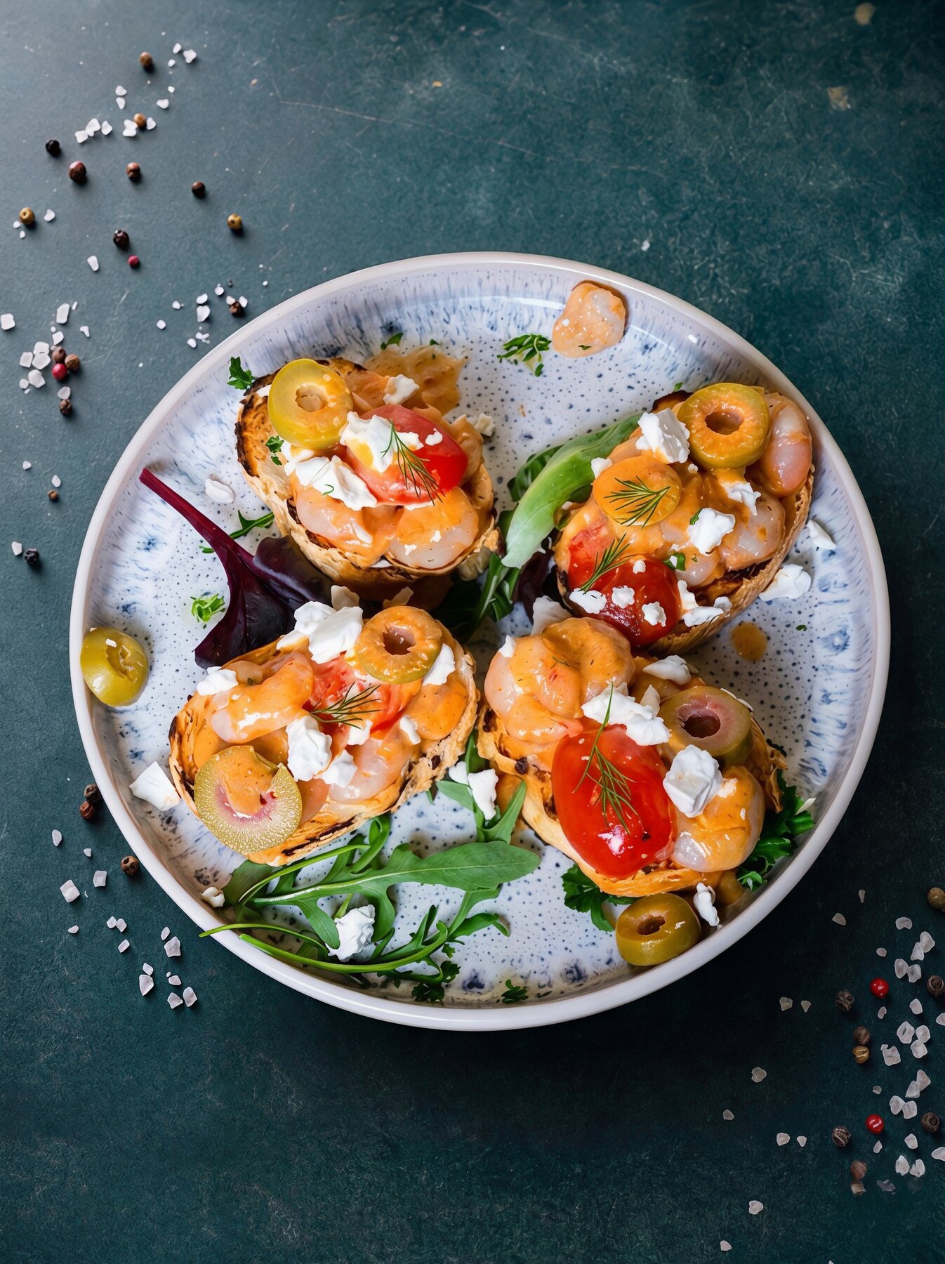 Prawn bruschetta with feta and olives at Calle Bistro, seafood Sliema