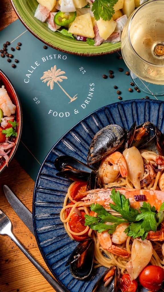Seafood table at Calle Bistro — pasta, wine and the Calle mark