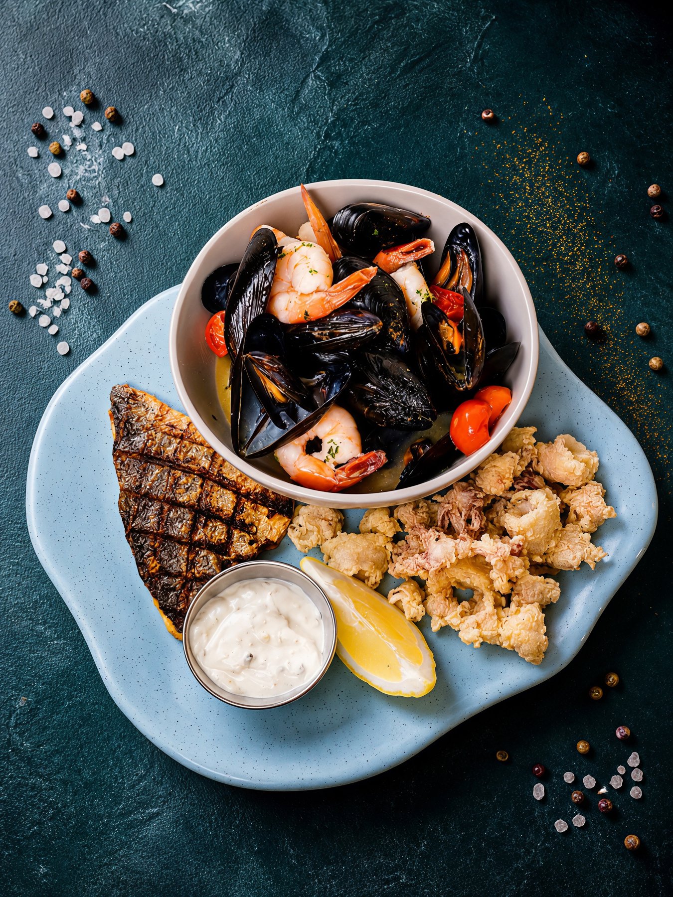 Seafood platter with mussels grilled fish and fried calamari at Calle Bistro Sliema Malta